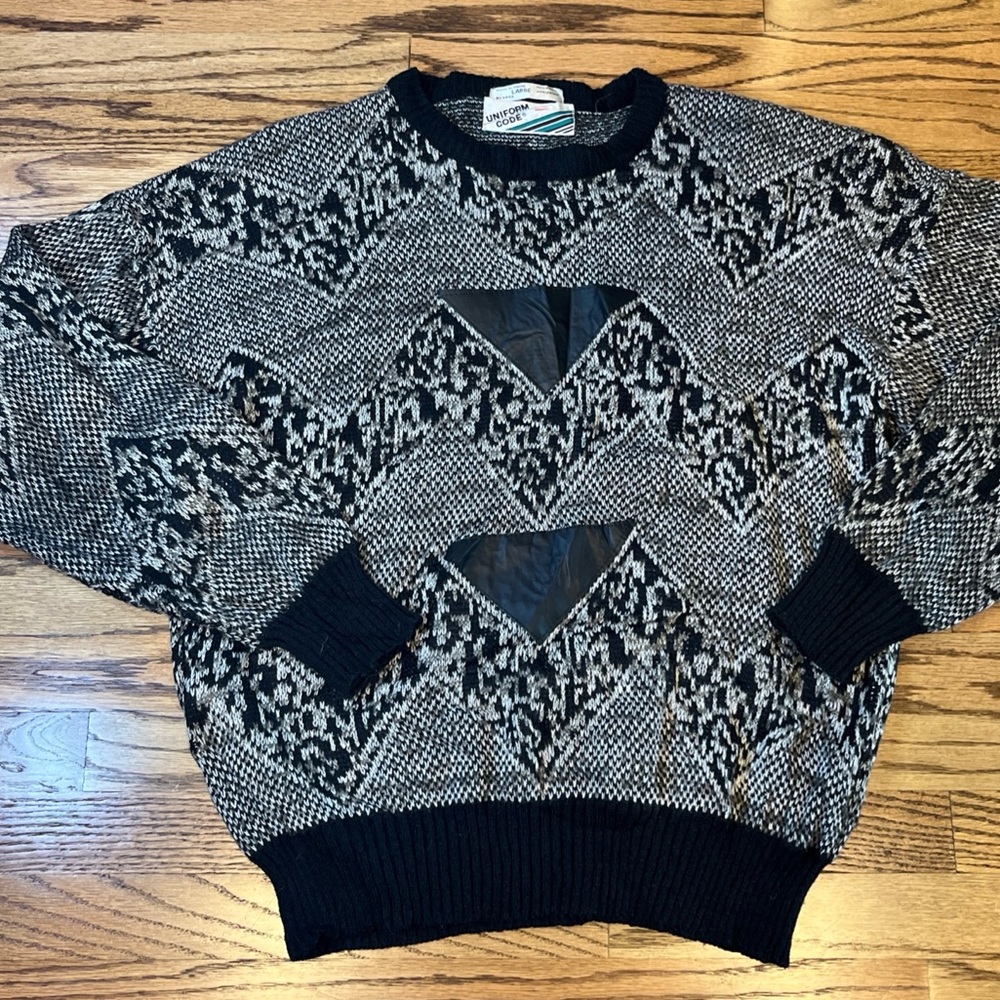 VTG Grandpa Sweater Pullover L Geometric 80s 90s Leather Retro cabincore Cosby